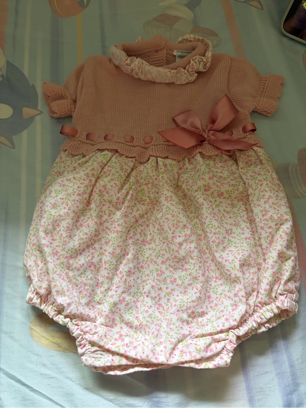 Pink Floral Knit-Top Baby Romper with Ribbon Bow